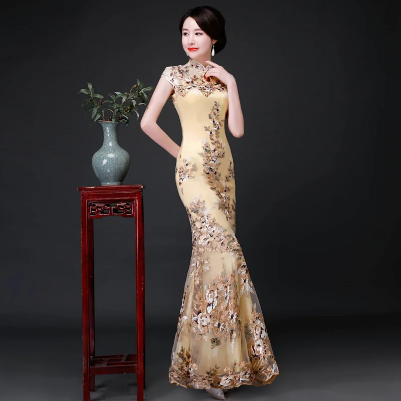 

Oversize 3XL Chinese Sexy Embroidery Oriental Party Female Cheongsam Stage Show Qipao Dress Elegant Celebrity Banquet Dresses