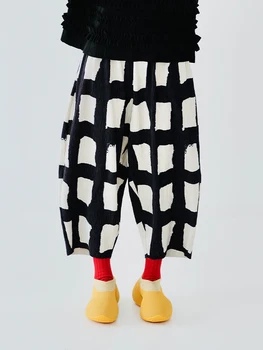 IMAKOKONI Design originale Pantaloni a gamba larga in vita elastica scozzese stampato Pantaloni casual con tasca pieghettata in velluto da donna 223893 1