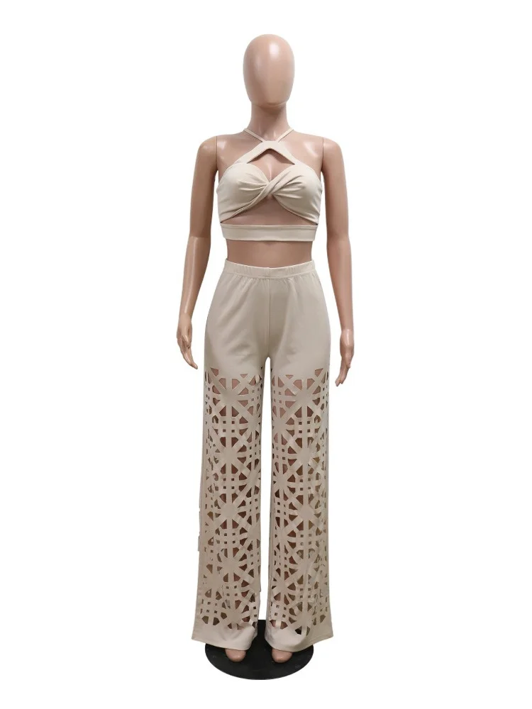 Wmstar Two Piece Set Women Sexy V Neck Bandage Sleeveless Hollow Out  Wide Leg Pants Matching Suits Wholesale Dropshipping New