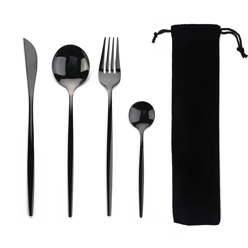 Stainless Steel Cutlery Set Cutlery Set Western Style Cutlery Set Picnic Cutlery Set Portable 4Pcs Dinnerware Set Stainless Steel Tableware Cutlery Western Knife Fork TeaSpoon Kitchen Dinner Flatware Set with Bag