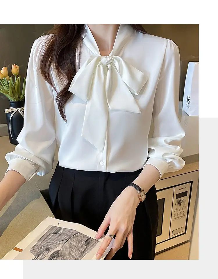 Korean Lacing Loose Solid Blouse Spring Autumn New Chiffon Long Sleeve All-match Elegant Shirt Tops Fashion Office Women Clothes