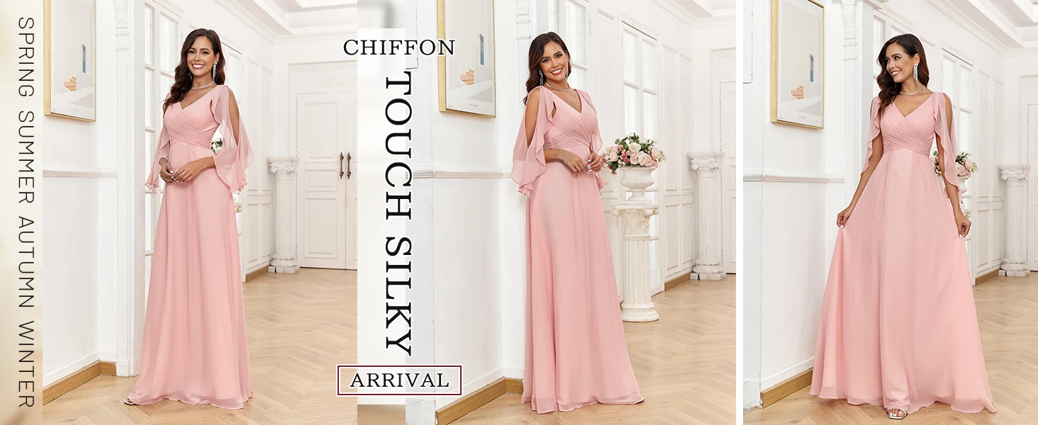 Schulterfreie Chiffon-Brautjungfernkleider für Damen, formelle Chiffon-Brautjungfernkleider mit V-Ausschnitt 2024