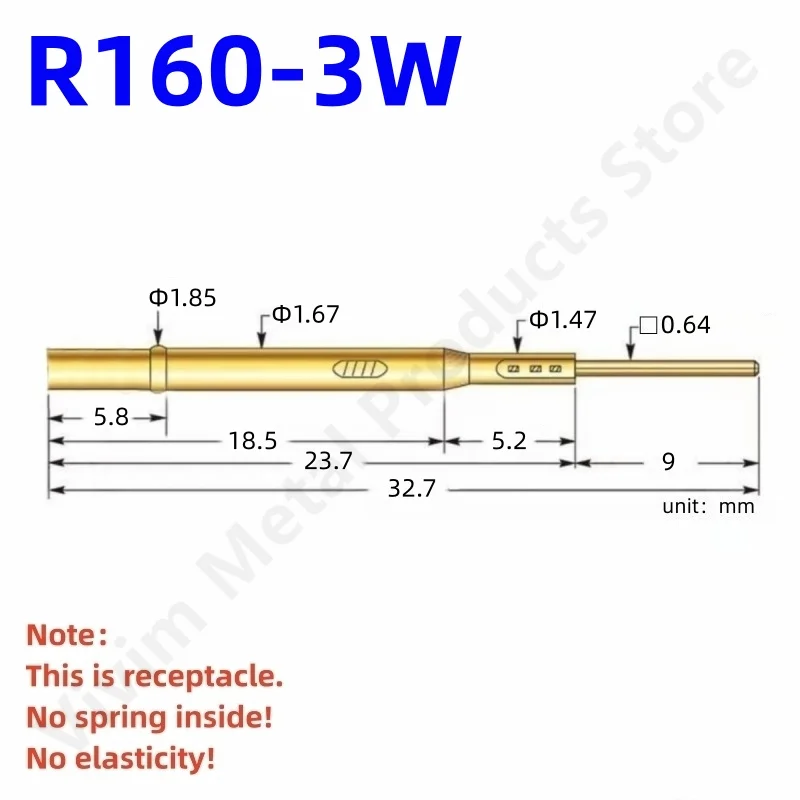 

100PCS R160-3W Test Pin P160-B1 Receptacle Brass Tube Needle Sleeve Seat Wire-wrap Probe Sleeve Length 32.7mm Outer Dia 1.67mm