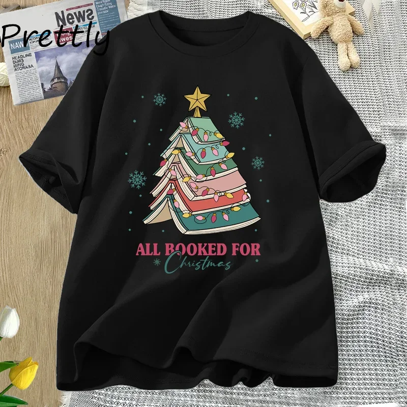 Book Tree Christmas T Shirt All Booked for Christmas T-shirt for Book Lover Librarian Teachers Tees Bookish Cotton Tshirt 2