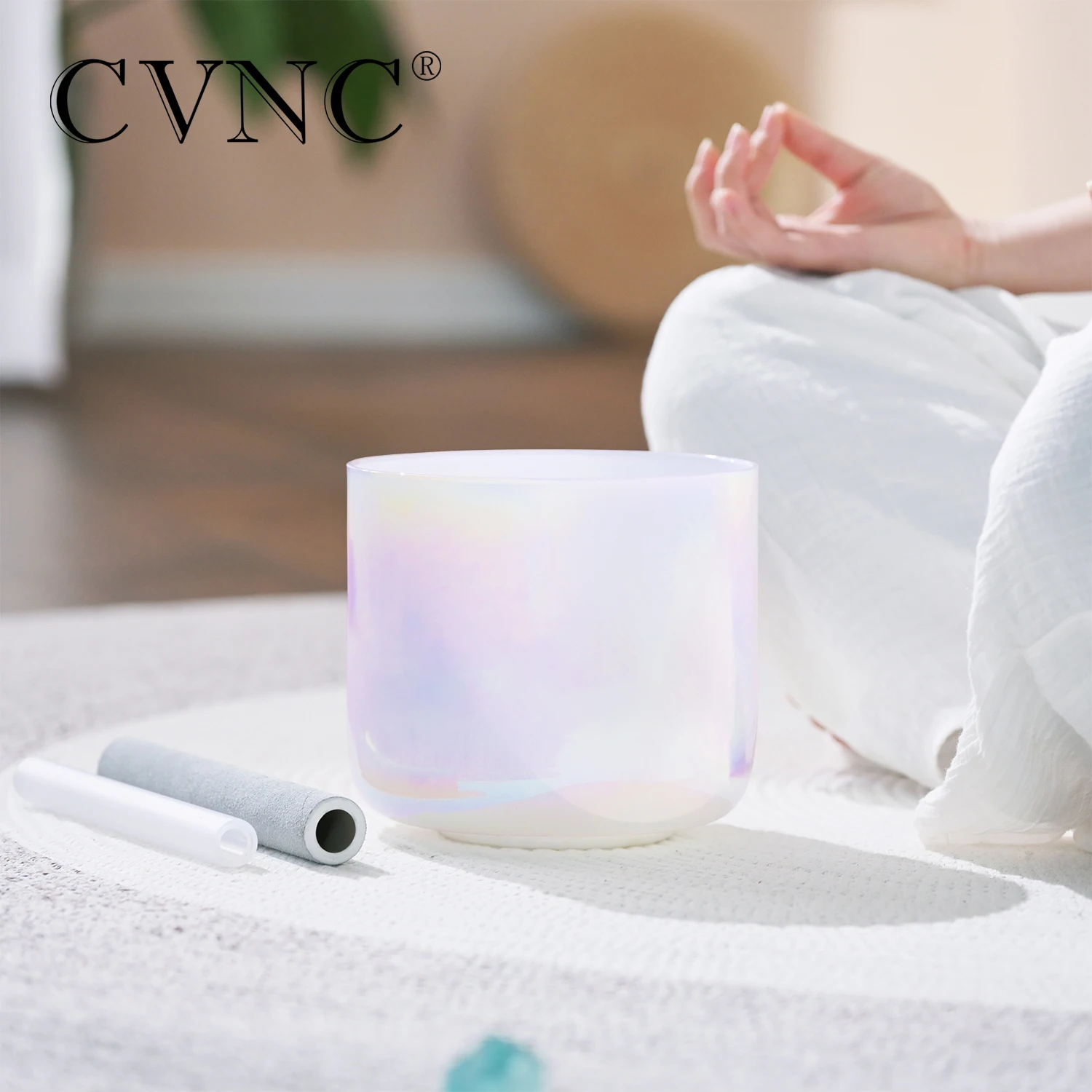 CVNC 6 Inch 440/432hz Dream Pearl Color Clear Cosmic Light Quartz Crystal Singing Bowl for Meditation Sound Healing with mallet