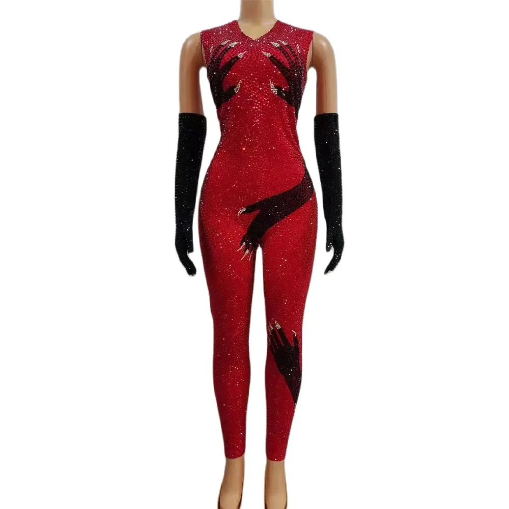 

Sexy Sparkly Red Rhinestone Jumpsuit Black Hand Gloves Women Birthday Celebrate Performance Costume Singer Show Stage Wear