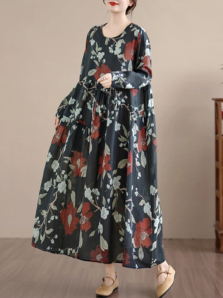 Cotton Long Sleeve Print Vintage Spring Autumn Dresses Women 2025 Casual Loose Long Dress Office Lady Vestidos Elegant Clothing