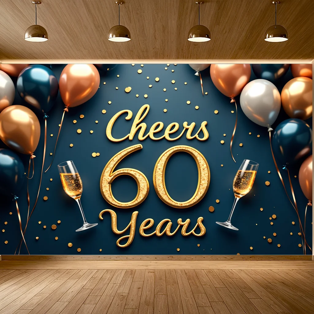 Prost auf 60 Jahre Banner-Hintergrund, glitzernder Ballon, 60. Jahrestag, Geburtstag, Party-Dekoration, Event, Fotografie, Hintergrund-Requisiten