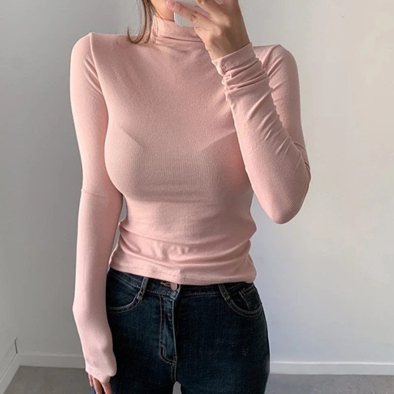 

Turtleneck Cotton Tee Mujer Autumn Womens Clothing Korean Style Pink Tops Long Sleeve T Shirt Women Casual Slim Tshirts Female