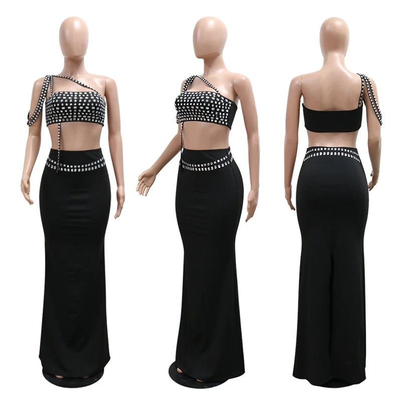 Rhinestone Women's Two Piece Dress Set Summer Spaghetti Strap Crop Top And Skinny Bodycon Maxi Skirt Sexy Evening Party Dresses