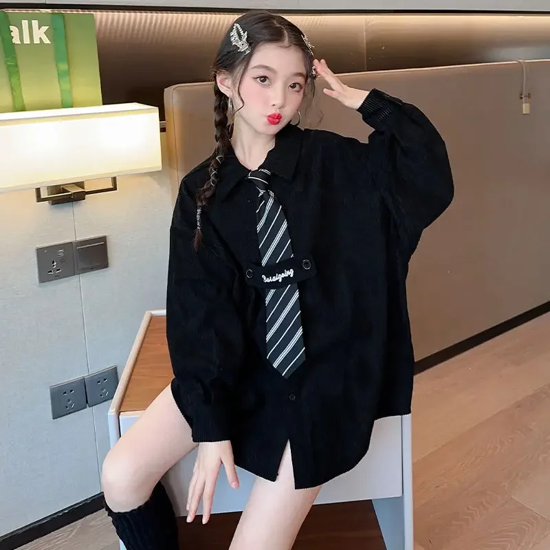

Children's Clothes Girls' Shirts 2023 New Spring Korean Tie Turn-Down Collar Solid Long Sleeve Loose Letter Print 5-14 Years Old