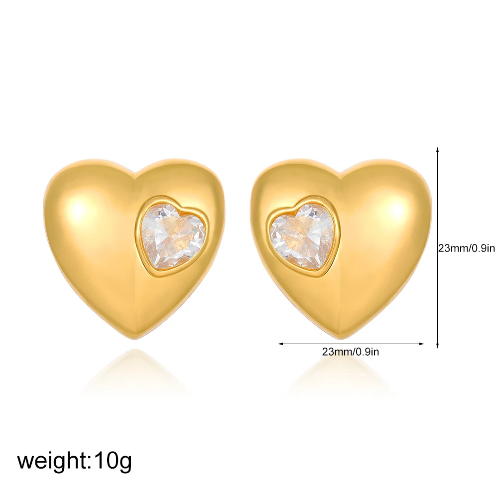 Sleek Chunky Heart Stud Earrings for Women Sparkle Big CZ Zircon Geometric Ear Buckle Gold Color Minimalist Jewelry Wholesale