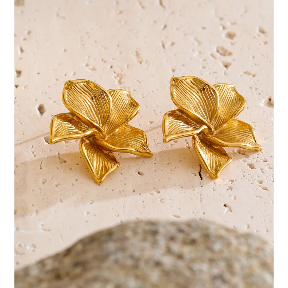 Yhpup 2025 Stainless Steel Metal Flower Stud Earrings Waterproof 18K PVD Plated