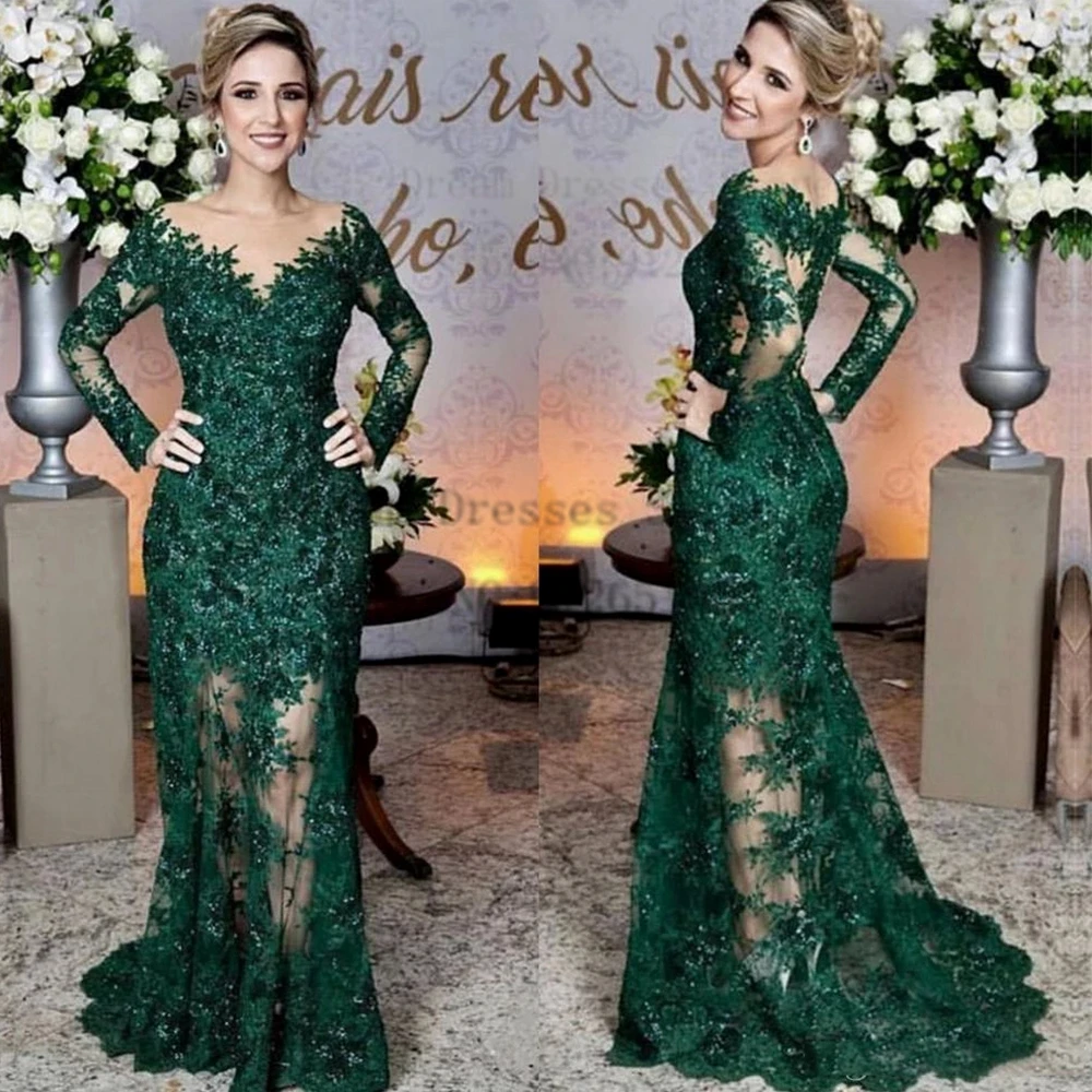Retro Dark Green Sheath Mother of the Bride Dresses lace Open back V-neck 2023 Sweep/Brush Handmade Flower Party Gowns for Mom
