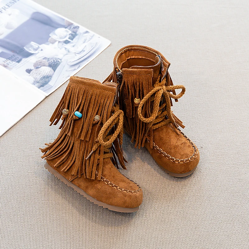 Suede Leather Boots for Girls with Beaded Fringes