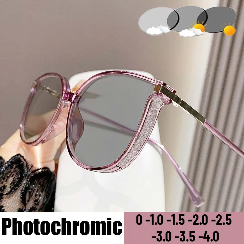 Sparkling Frame Photochromic Myopia Glasses for Women Oversized outdoor UV Near Sight Prescription Eyeglasses Diopter To-4.0