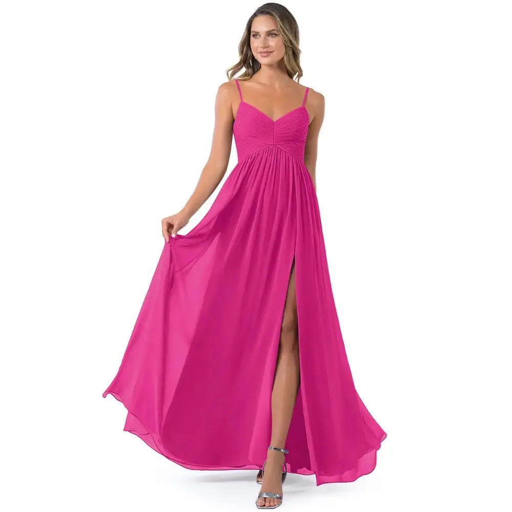 

A-Line Pleated Bridesmaid Dress with Slit Floor-Length Elegant Wedding Guests Dresses Chiffon Hot Pink Prom Party Dress