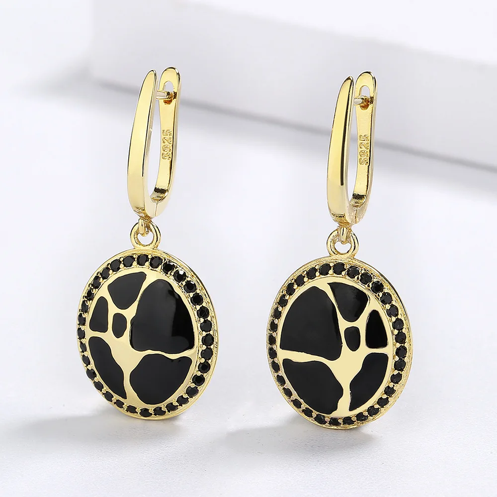 Exquisite Hand-made Enamel Dangling Earrings for Women Sterling Silver Black Spinel Yellow Plated Oriental Enamel Fine Jewelry