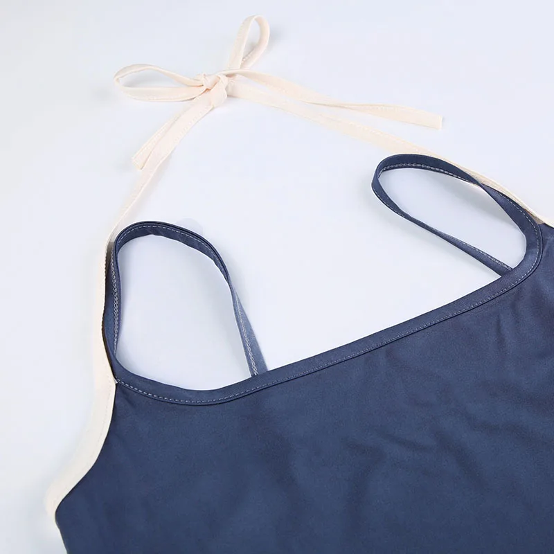 Contrast Patchwork Halter Lace-Up Camisole Crop Top Women Basic Casual Streetwear