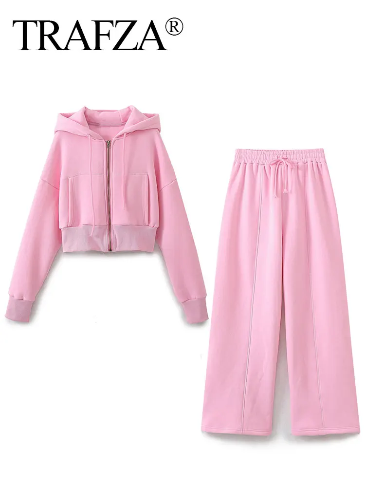 TRAFZA Spring Women Solid Hoodie Pant Set Long Sleeve