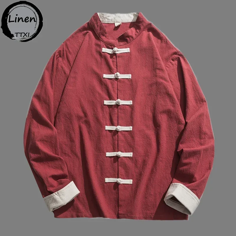 Men Chinoiserie Stand-up Collar Frog Cardigan Retro Long-sleeved Shirt Mens Linen shirts Japanese Kimono Men's Hanfu Tops