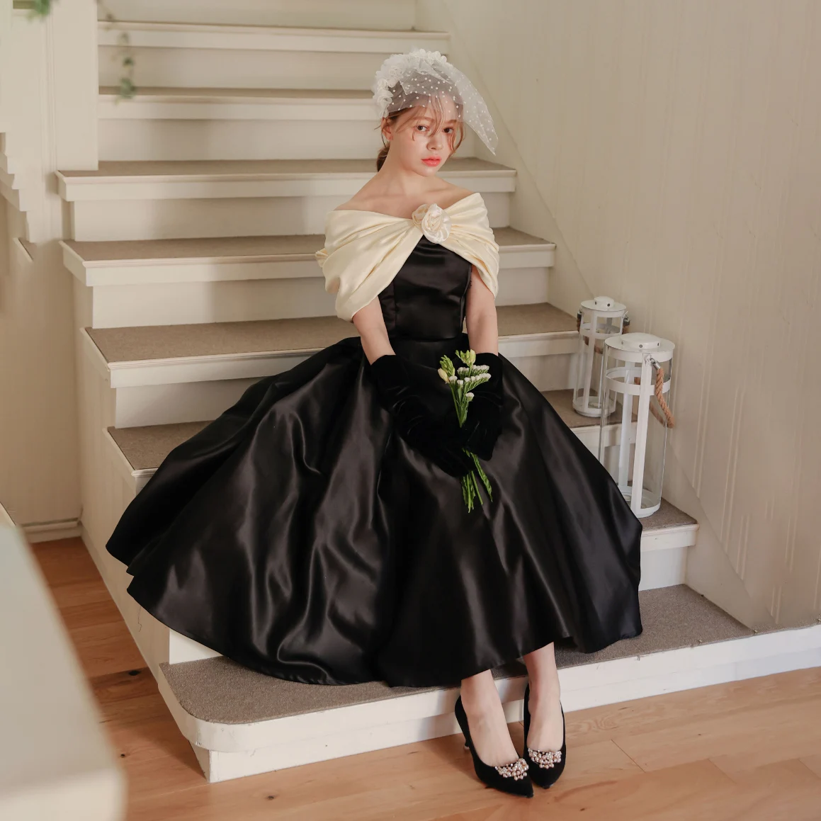 

OEING Off Shoulder Korea Garden Evening Dresses Pleat Short Sleeves Formal 프롬드레스 Ankle Length Elegant Prom Gowns Party Women