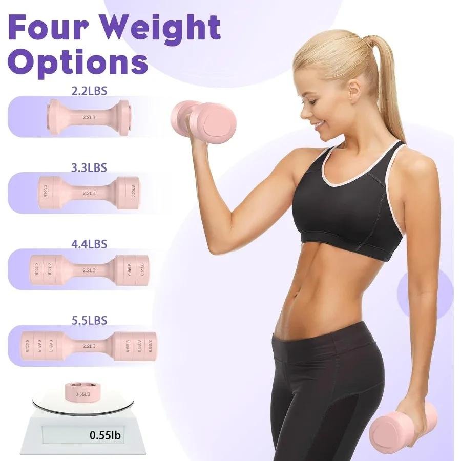 Adjustable Dumbbell Set of 2, 11Lb/Pair Weights Dumbbells for Women, Each 2.2lb, 3.3lb, 4.4lb, 5.5lb Hand Weights Set for Home G