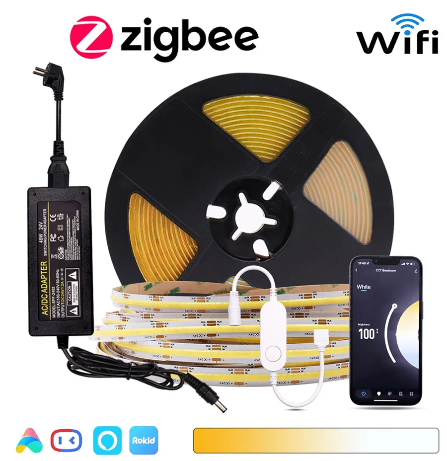 Description Picture 2 of itemTuya Zigbee WiFi CCT COB LED Strip Light Kit 5mm 10mm 2700-6500K Dimmable Bicolor LED Flexible Tape Support Alexa Smart Life