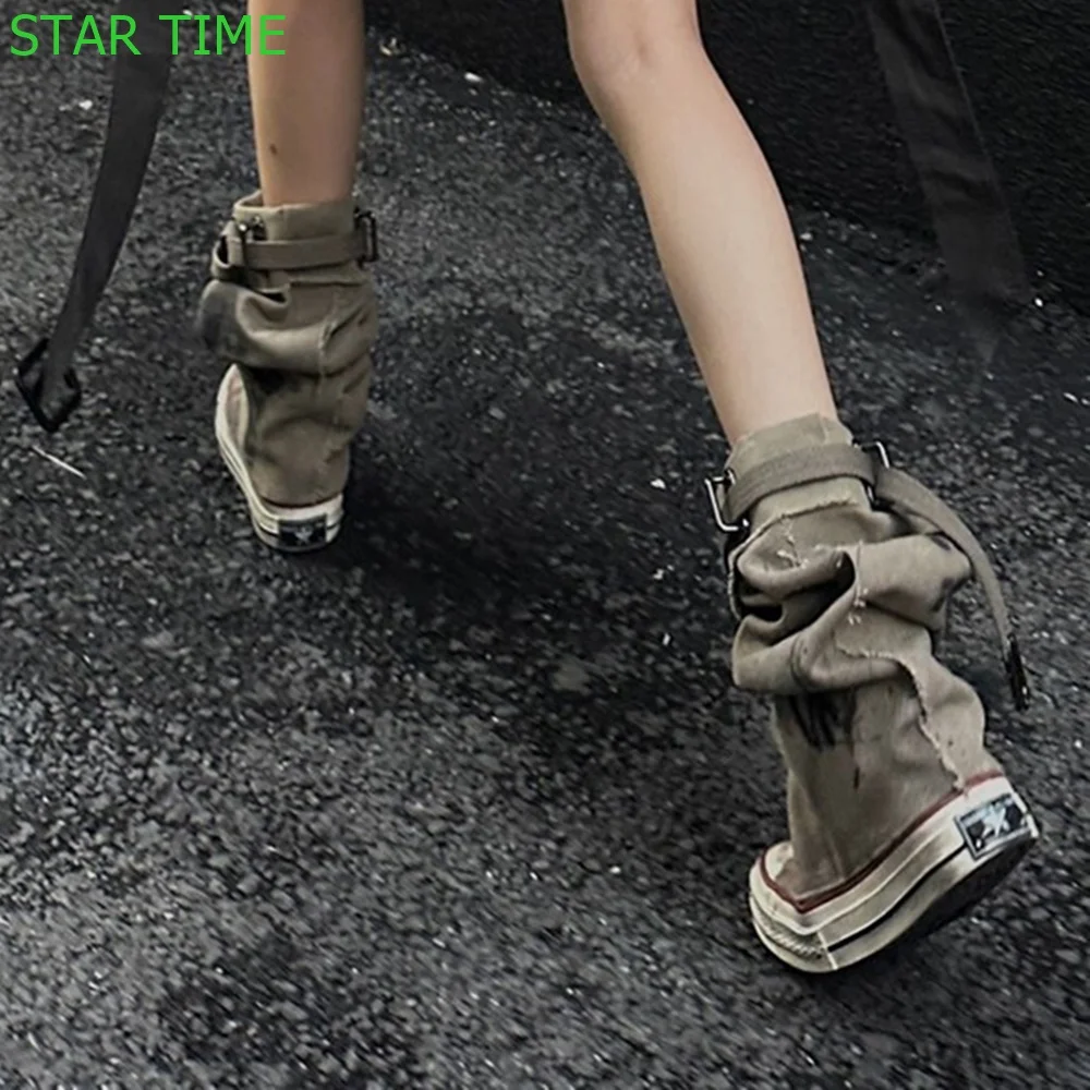 Denim Round Toe Casual Ankle Boots  2024 Spring Belt Buckle Street Style Sports Shoes Khaki Fashion Women Short Boots
