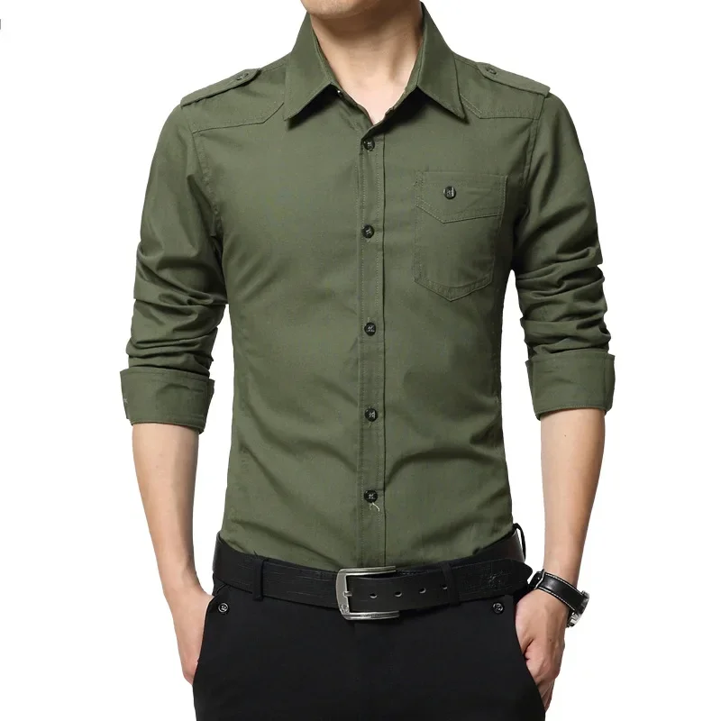 Cotton Shirt Long Sleeve Shirt Men Casual Shirt 2025 Men's Epaulette Shirt Fashion Full Sleeve Epaulet Shirt Military Style Cotton Army Green Shirts with Epaulets