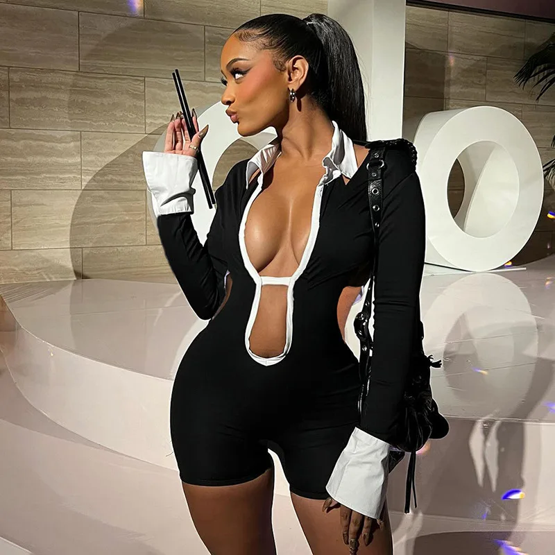 

Women's Winter New Fashion Sexy Street Shoot Contrast POLO Neck Deep V Off Back Tight One Piece Casual Shorts S-L