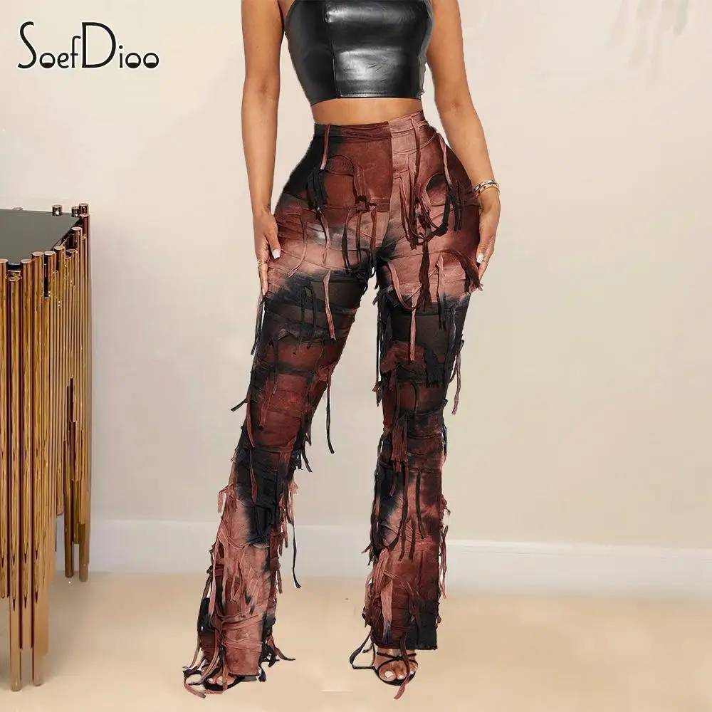 

Soefdioo Patchwork Mesh Tassel Flare Pants Women Fashion Elastic Waist Skinny Shaping Trousers Summer 2023 Harajuku Streetwear