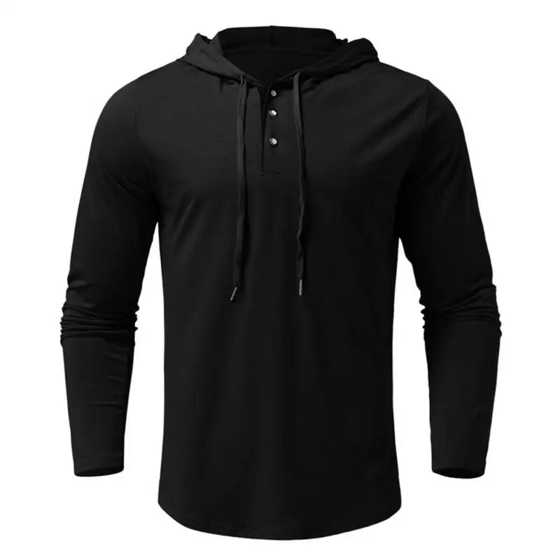 

Men's Athletic Shirt Hoodie Solid Hooded Long Sleeve Top Active Casual Drawstring Hoodie Shirt With Button Front Placket For