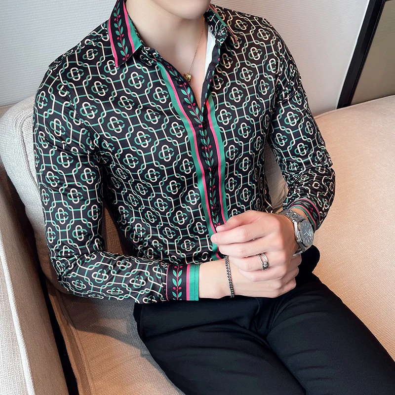 Luxury Mens Shirts Dress Fashion Striped Printed Long Sleeve