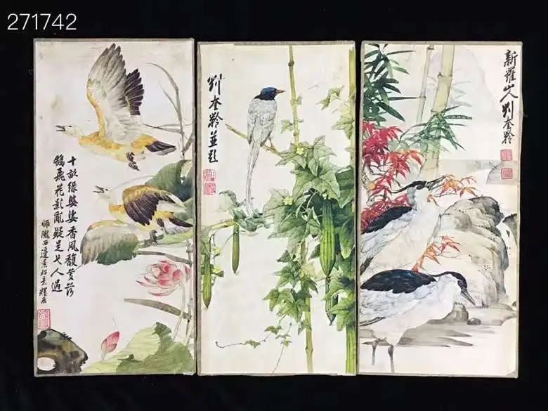 

Set of 8 Old Traditional Chinese Calligraphy Painting, Wood Board Brochuer, Animals and Birds, by Liu Kuiling