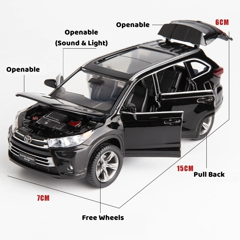 1/32 Toyota Highlander SUV Sport Toy Car Diecast Metal Alloy Miniature JKM Sound & Light Collection Model Gift for Boy Children 2