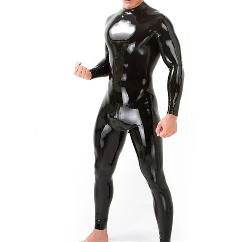 Men festival costume set Men Neck Entry Latex Catsuit Rubber Bodysuit Handmade with Crotch Zip Club Party Customize 0.4mm