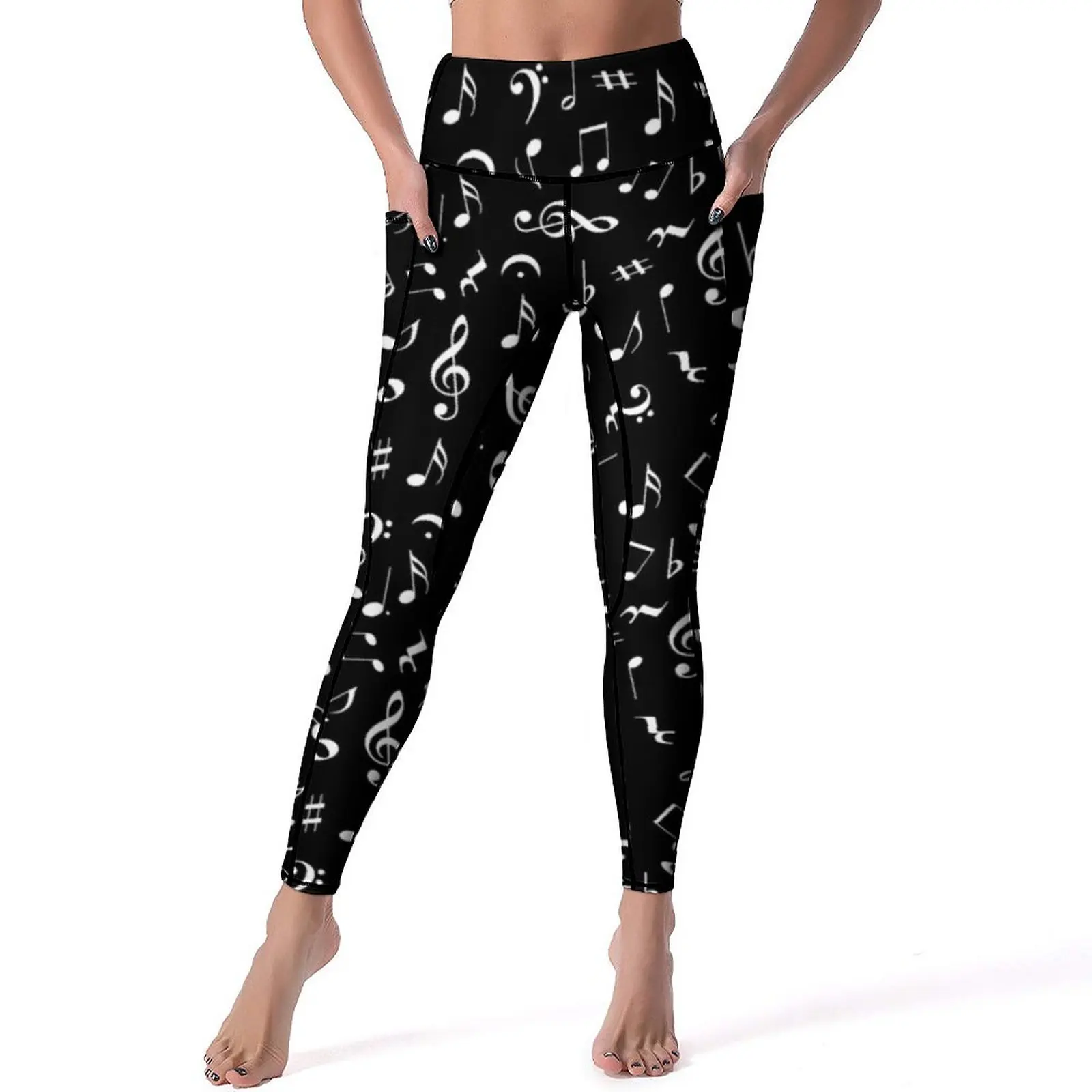 

White Music Notes Leggings Note Worthy Print Workout Yoga Pants Push Up Aesthetic Leggins Stretchy Design Sport Legging Gift