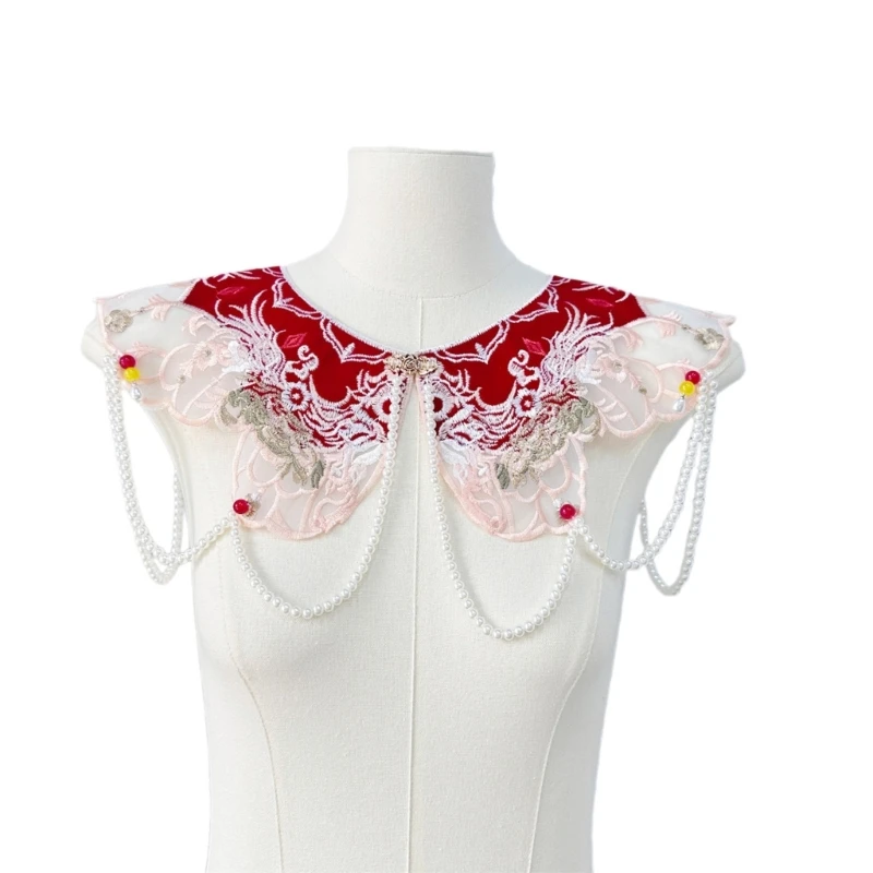 

Embroidered Flower Decorative Collar for Girls Sweater Dress Clothes Cloud Shoulder with Pearl Chain Sewing Applique