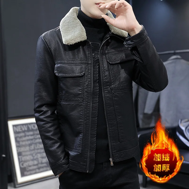 

2023 Men's Autumn and Winter New Slim Fit Fashion Fleece-Lined Thick Fur Collar PU Leather Coat