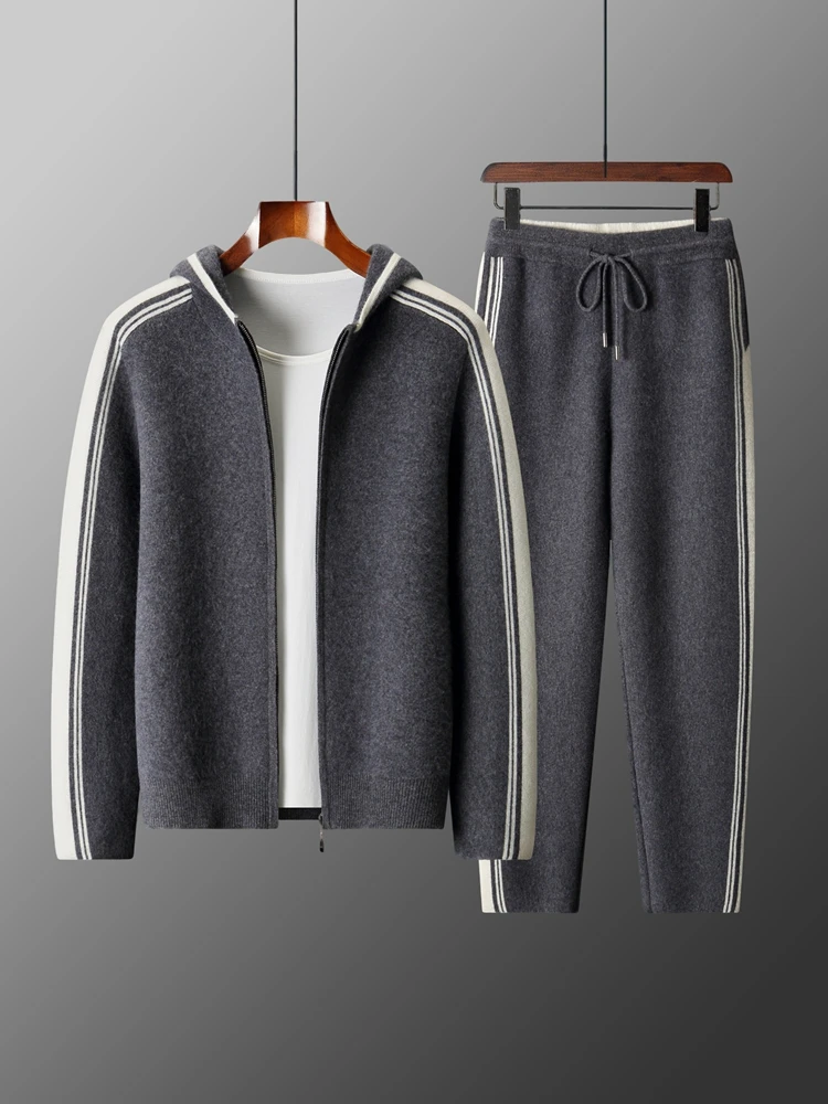 Men's 100% Merino Wool Two-piece Sets Hooded Collar Zipper Cardigan and Straight-leg Pant Autumn Winter Thickened Knit Clothing