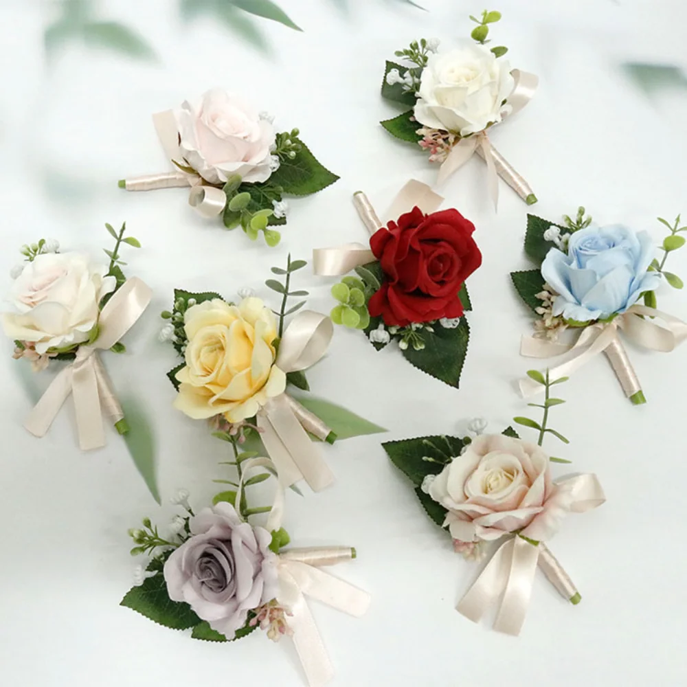 

Classic Silk Rose Wedding Boutonnier for Bride Artificial Flowers Pins Groomsmen Wrist Corsage Wedding Party Meeting matrimonios