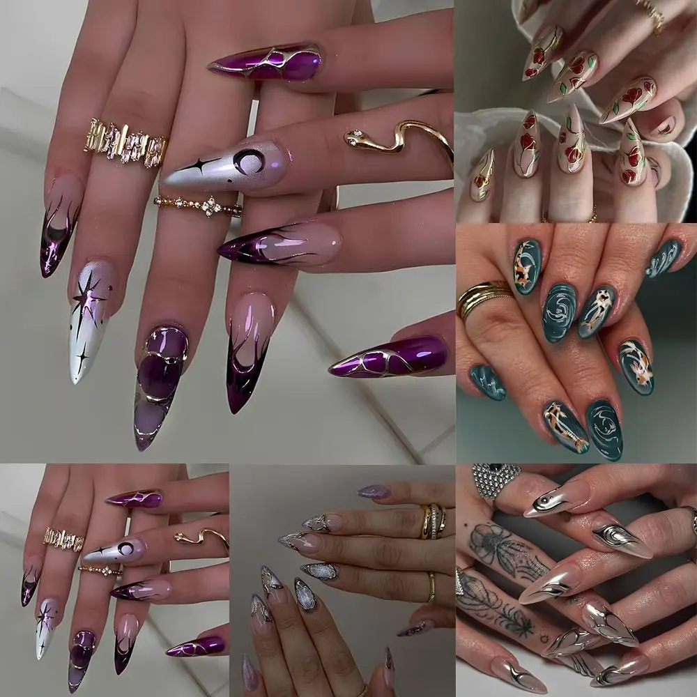 24pcs Manicure Long Almond False Nails Star Moon French Fake Nails Cat Eye Flower Nail Tips DIY