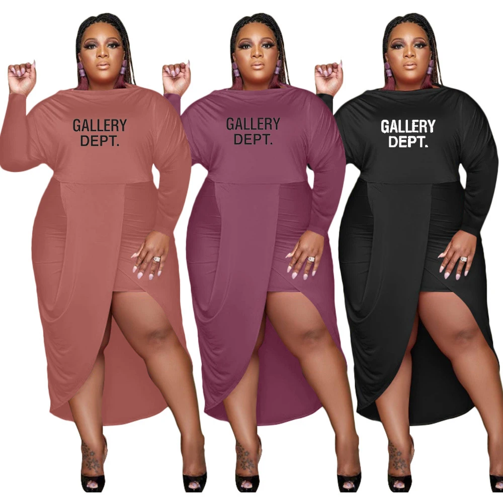 

2023 Plus Size Women Dress Fashion Letter Printing Round Neck Long Sleeves Side Split Sexy Irregular Casual Dresses Party Club