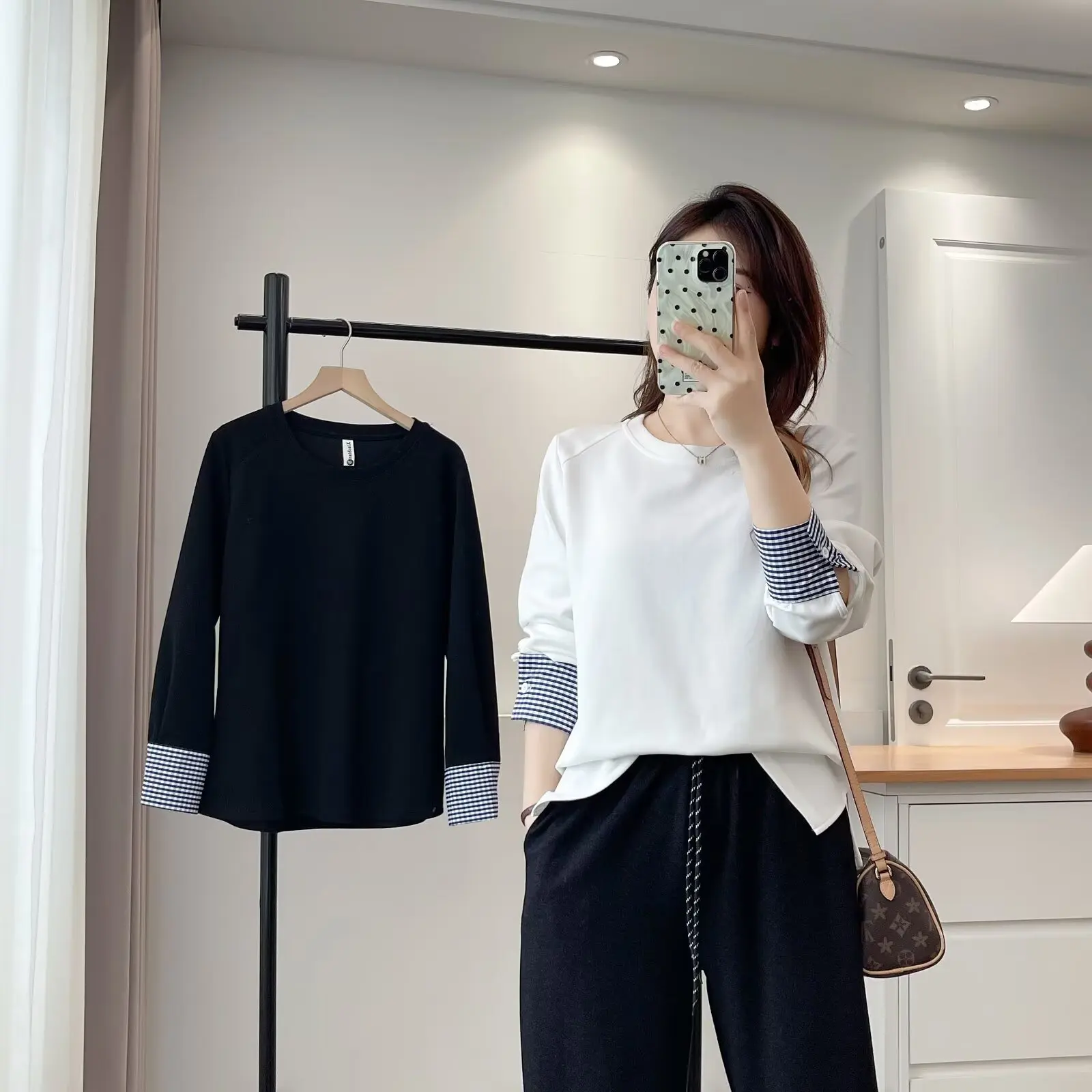 Fashion Plus Size Women's Hoodies Autumn New Style Cuffs Plaid Patchwork Long Sleeve Sweatshirt 2524