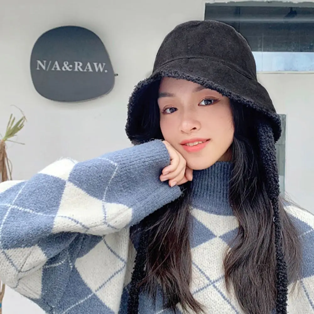 

Fashion Korean Style Lamb Fur Fisherman Hat Fur Warm Female Hat New Checkerboard Cowboy Bucket Hats Sunshade Hat