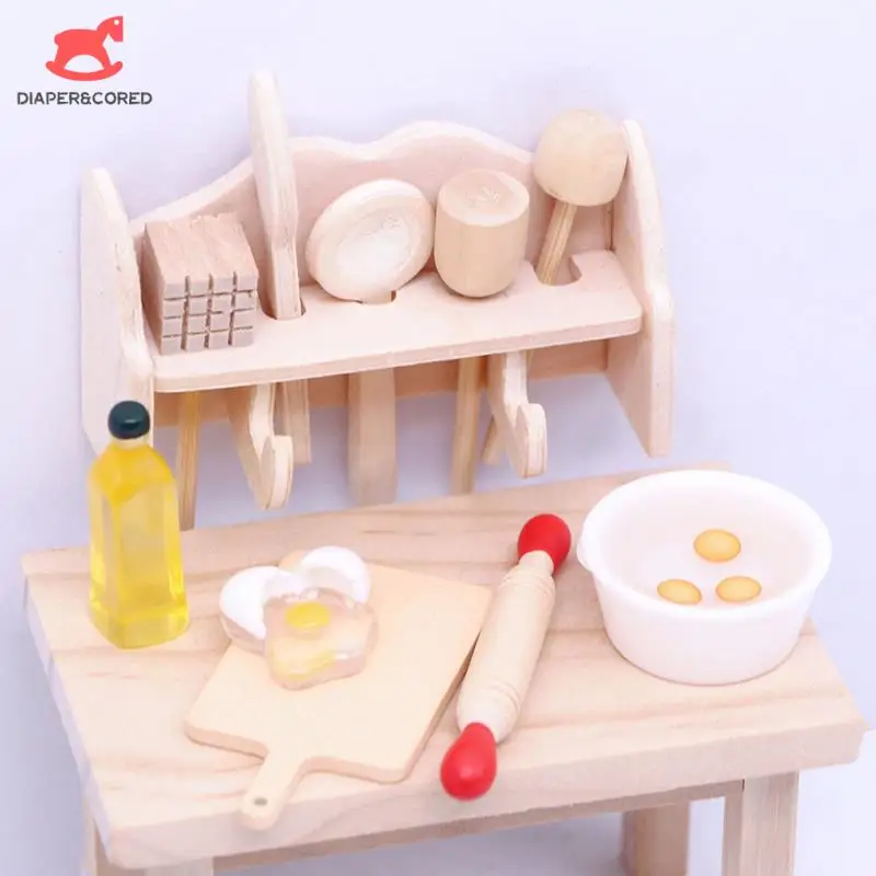 

1:6/1:12 Dollhouse Kitchen Miniature Cookware Rolling Pin Spoon With Storage Rack Utensils Model Doll House Decor Accessories