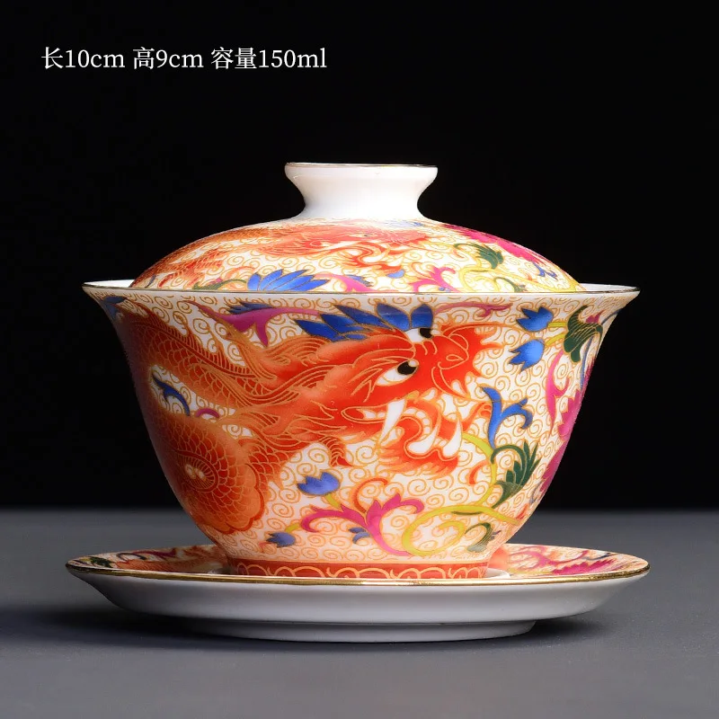 Chinese Kungfu Gaiwan Tea Tureen Intricately Designed Dragon and Phoenix Tea Cups with Elegant Ceramic Color Enamel Teaware Tea Set