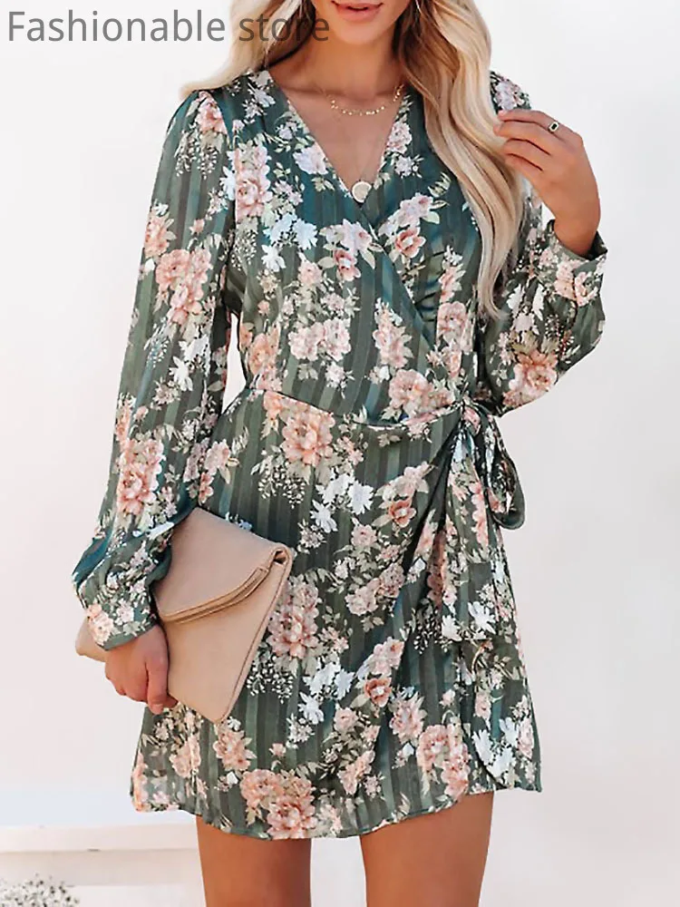 

Women Floral Print Long Sleeve V-Neck Wrap Tied Waist Chiffon Dress