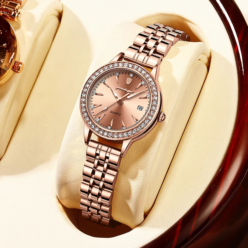 POEDAGAR Diamond Bracelet Womens Watches Elegant Rose Gold Top Brand Waterproof Quartz Ladies Watch Luxury Steel Strap Calendar